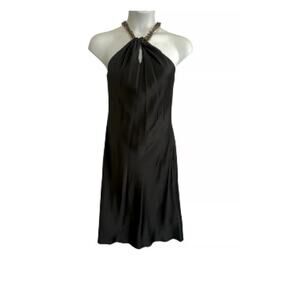 JASON WU Black Satin Halter Dress Tortoise‎ Chain Strap Midi Slip Dress